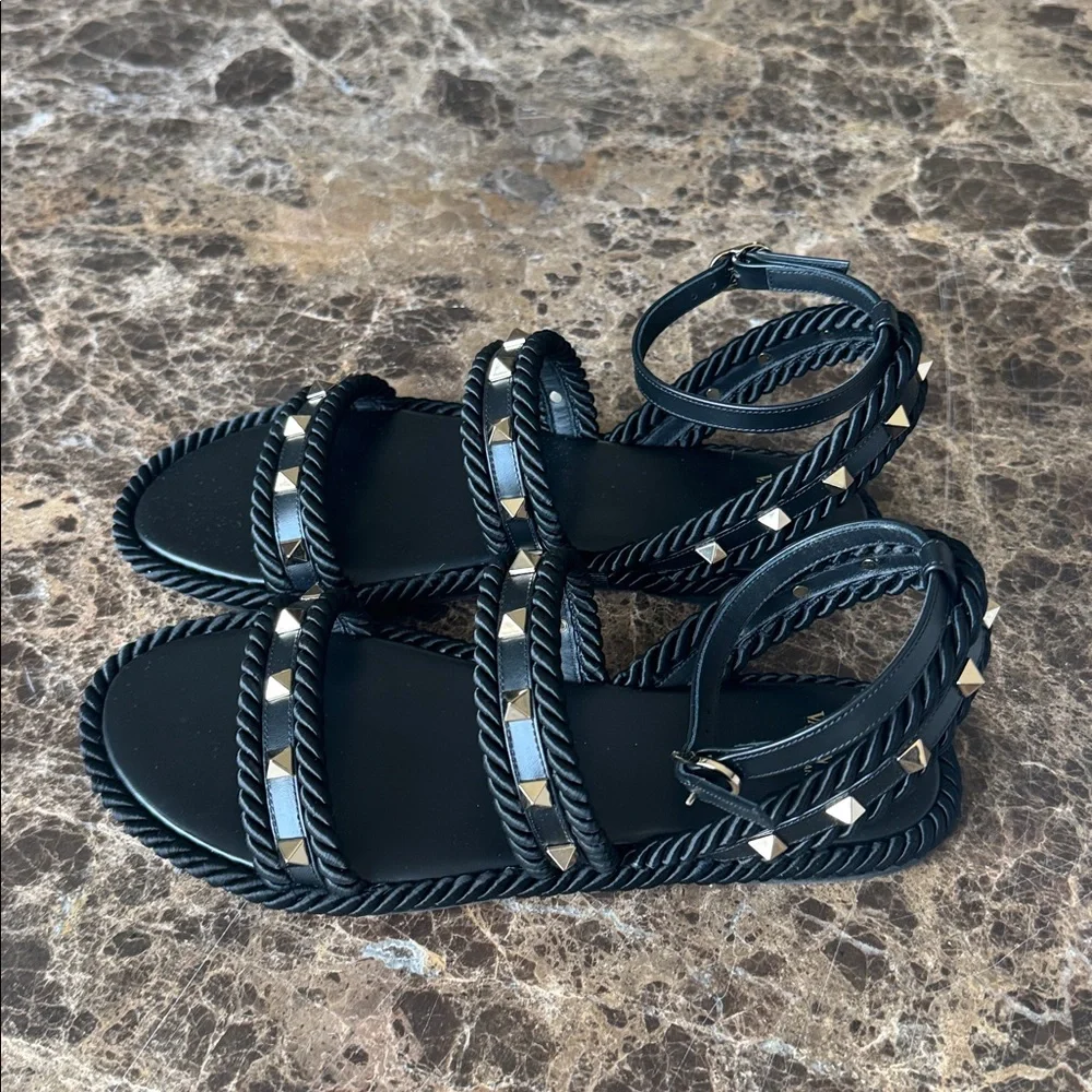 Valentino rockstud espadrilles black braided fabrics leather sandals flats sz 36